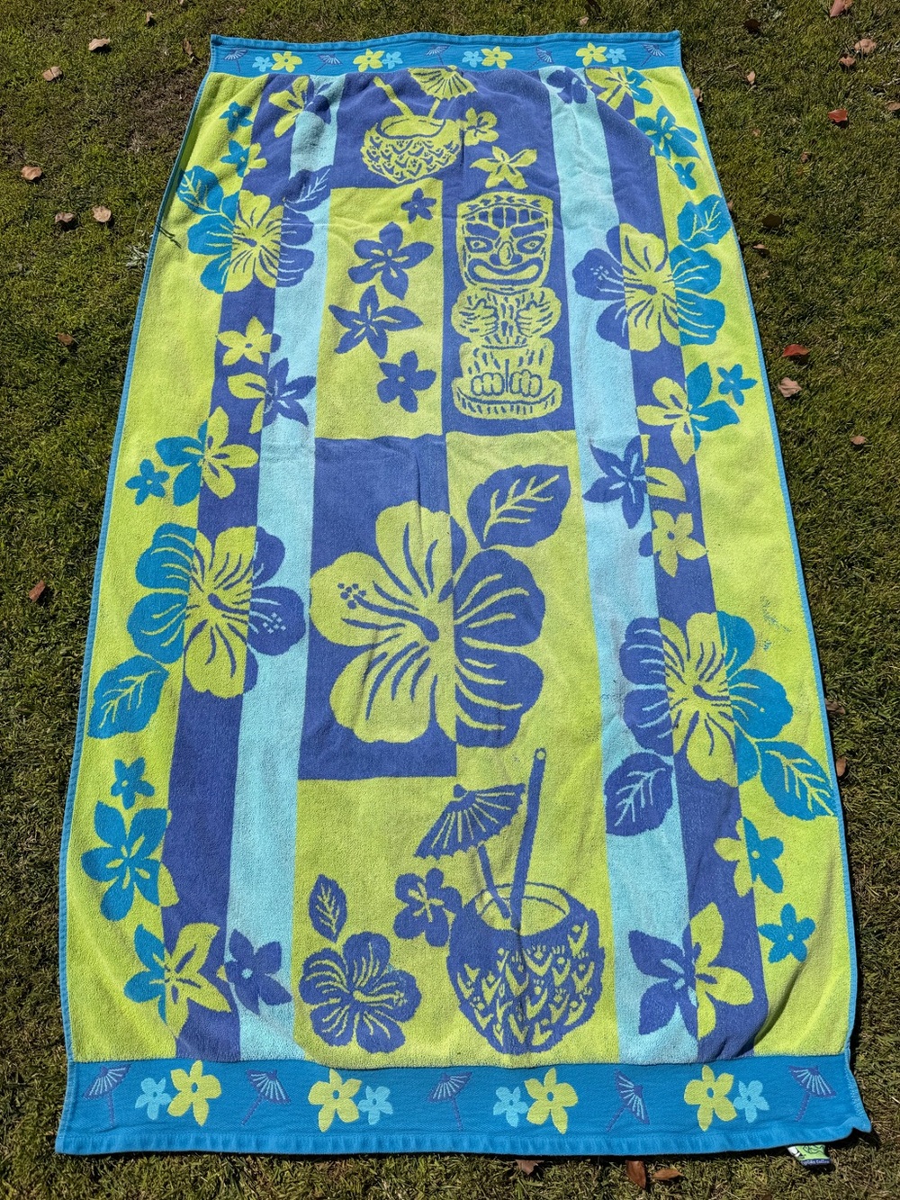 Kirkland Hawaiian Tiki Hibiscus Egyptian Cotton Lrg Beach Towel Blue Green 36x66